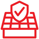 Red icon of a solar panel with a shield and checkmark, symbolizing certified solar energy and protection.
