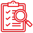 Red checklist clipboard with magnifying glass icon, symbolizing task management and analysis.