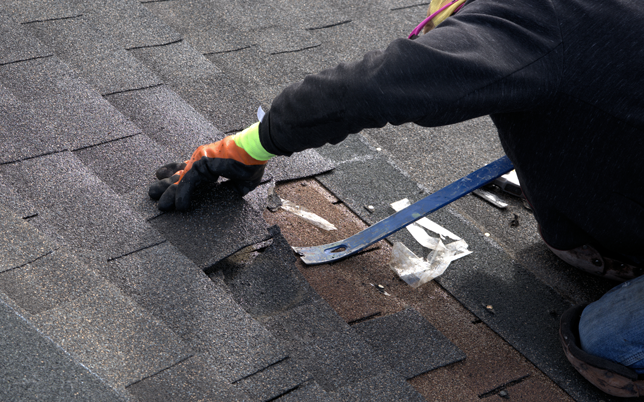 Shingles being pried off of a roof for repairs.